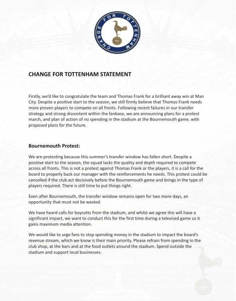 热刺球迷计划抗议，要求俱乐部加大引援力度