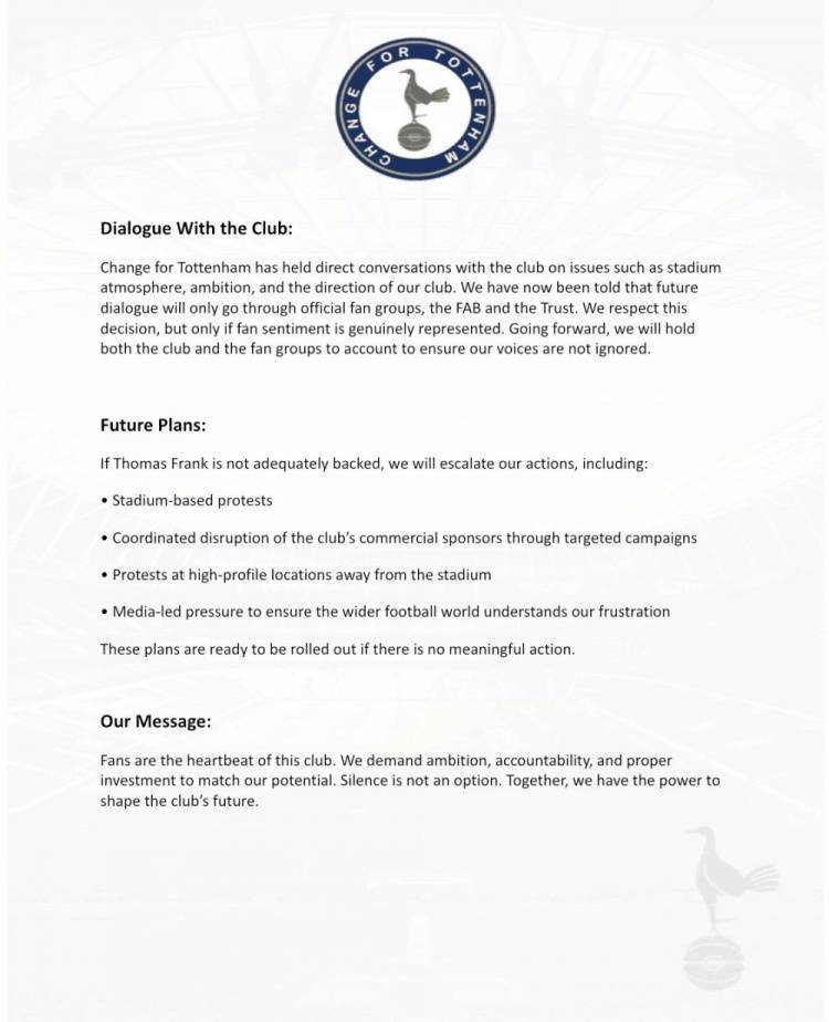 热刺球迷计划抗议，要求俱乐部加大引援力度