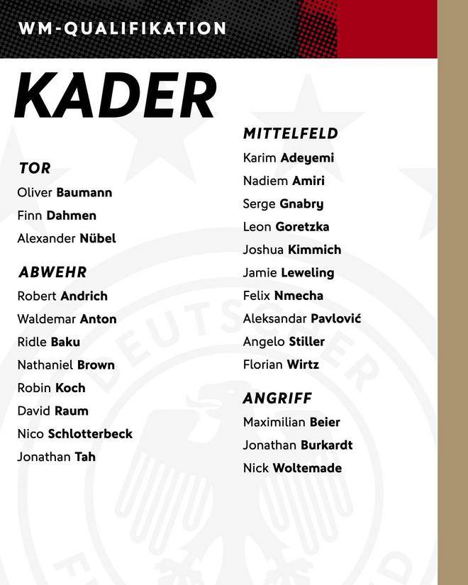 德国队最新大名单：沃尔特马德入选 维尔茨领衔中场